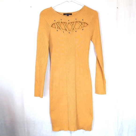 New Look Mustard Yellow Ribbed Bodycon Peekaboo Sweater Dress Size Extra Large - Picture 1 of 5